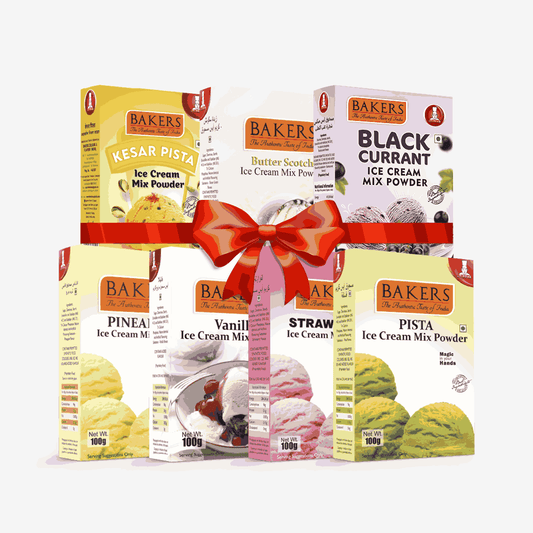 BAKERS Ice Cream Mix Powder - Black Currant + Butter Scotch + Kesar Pista + Pineapple + Pista + Strawberry + Vanilla  Pack of 7 Pluugin Store