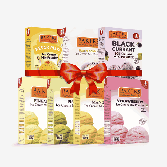 BAKERS Ice Cream Mix Powder - Black Currant + Butter Scotch + Kesar Pista + Pineapple + Pista + Strawberry + Mango  Pack of 7 Pluugin Store