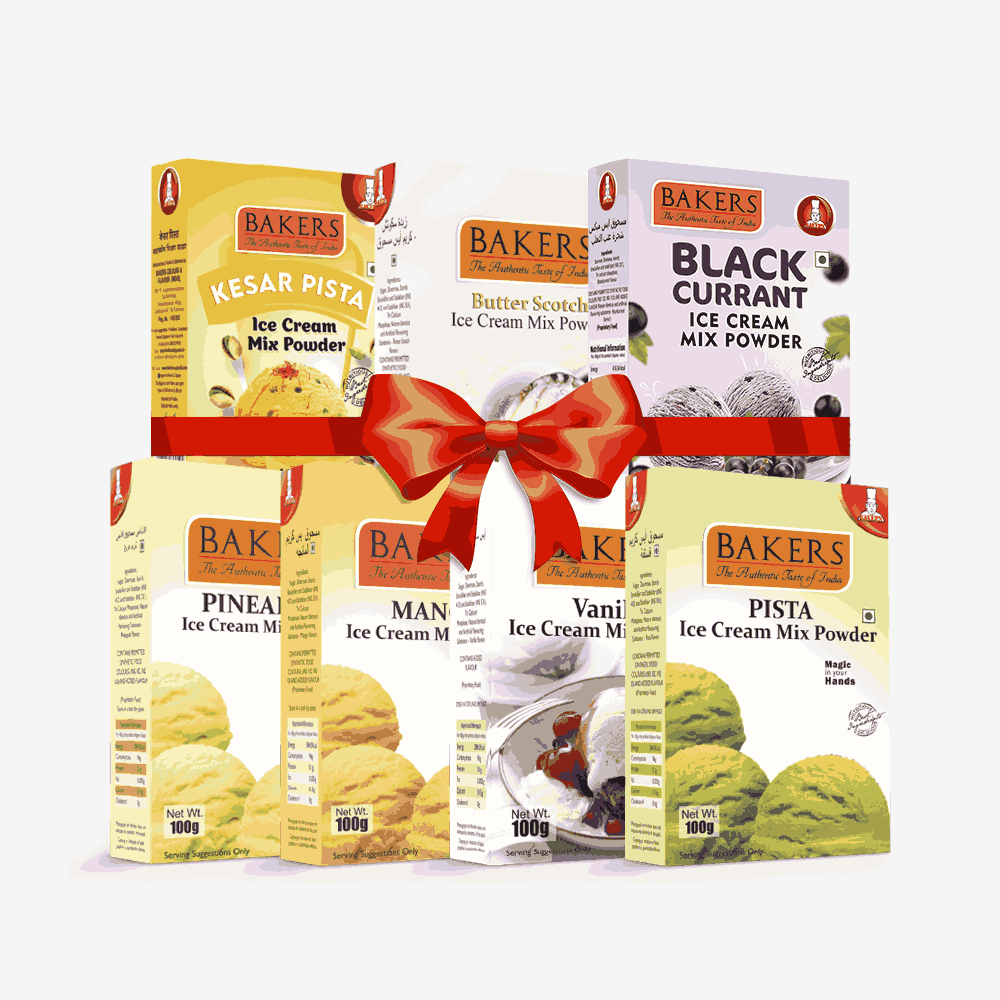 BAKERS Ice Cream Mix Powder - Black Currant + Butter Scotch + Kesar Pista + Pineapple + Pista + Vanilla + Mango  Pack of 7 Pluugin Store