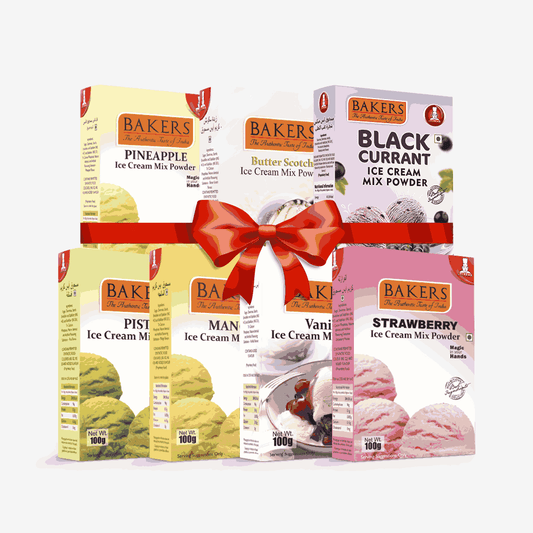 BAKERS Ice Cream Mix Powder - Black Currant + Butter Scotch + Pineapple + Pista + Strawberry + Vanilla + Mango  Pack of 7 Pluugin Store