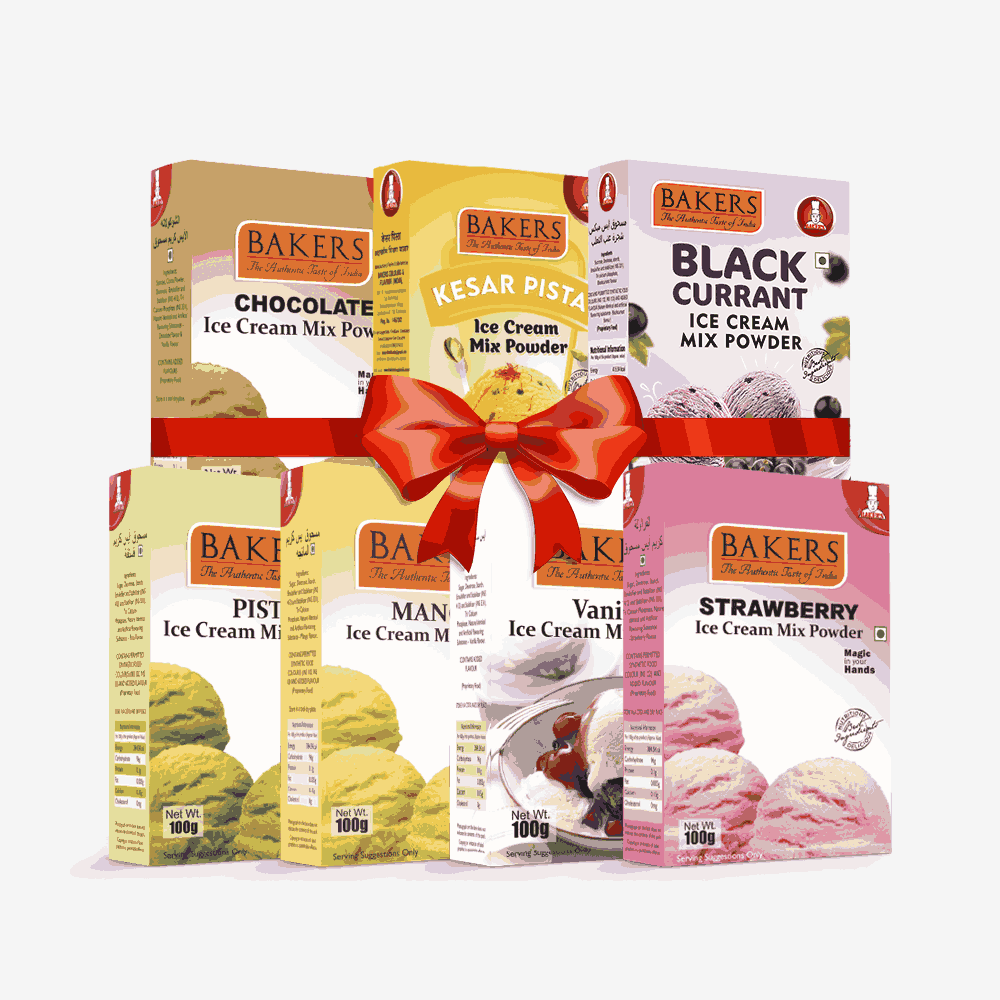 BAKERS Ice Cream Mix Powder - Black Currant + Chocolate + Kesar Pista + Pista + Strawberry + Vanilla + Mango  Pack of 7 Pluugin Store