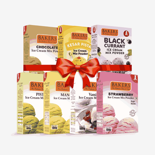 BAKERS Ice Cream Mix Powder - Black Currant + Chocolate + Kesar Pista + Pista + Strawberry + Vanilla + Mango  Pack of 7 Pluugin Store