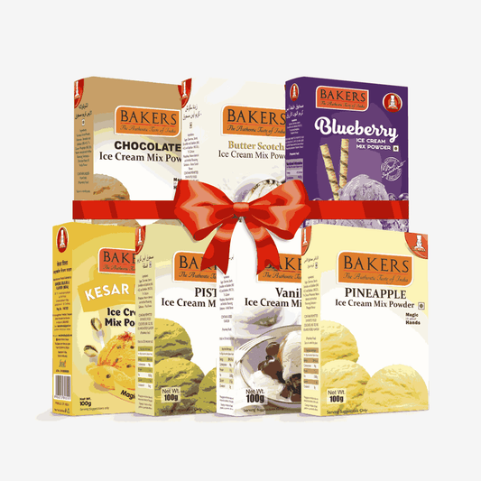 BAKERS Ice Cream Mix Powder - Blueberry + Butter Scotch + Chocolate + Kesar Pista + Pineapple + Pista + Vanilla  Pack of 7 Pluugin Store