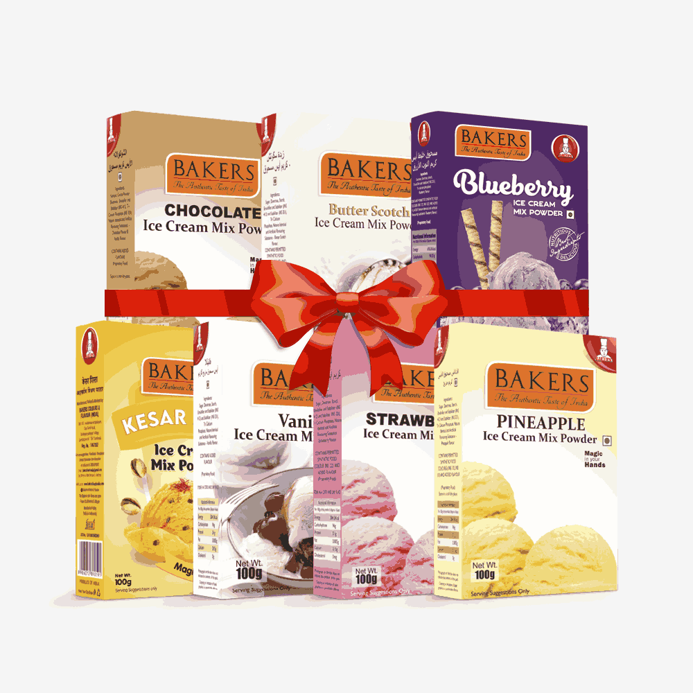 BAKERS Ice Cream Mix Powder - Blueberry + Butter Scotch + Chocolate + Kesar Pista + Pineapple + Strawberry + Vanilla  Pack of 7 Pluugin Store