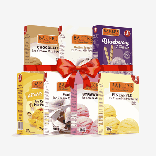 BAKERS Ice Cream Mix Powder - Blueberry + Butter Scotch + Chocolate + Kesar Pista + Pineapple + Strawberry + Vanilla  Pack of 7 Pluugin Store