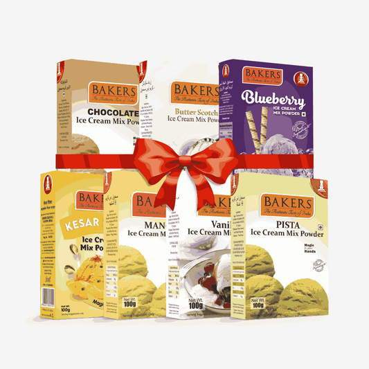 BAKERS Ice Cream Mix Powder - Blueberry + Butter Scotch + Chocolate + Kesar Pista + Pista + Vanilla + Mango  Pack of 7 Pluugin Store