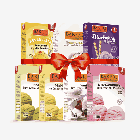 BAKERS Ice Cream Mix Powder - Blueberry + Butter Scotch + Kesar Pista + Pista + Strawberry + Vanilla + Mango  Pack of 7 Pluugin Store