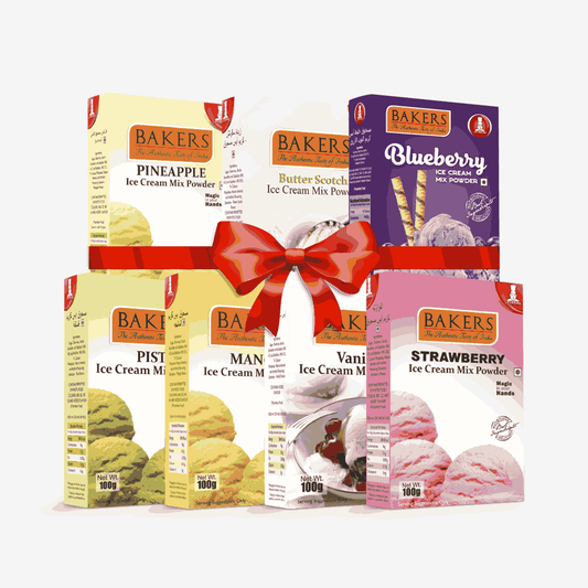 BAKERS Ice Cream Mix Powder - Blueberry + Butter Scotch + Pineapple + Pista + Strawberry + Vanilla + Mango  Pack of 7 Pluugin Store