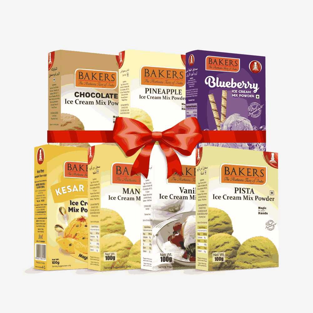 BAKERS Ice Cream Mix Powder - Blueberry + Chocolate + Kesar Pista + Pineapple + Pista + Vanilla + Mango  Pack of 7 Pluugin Store