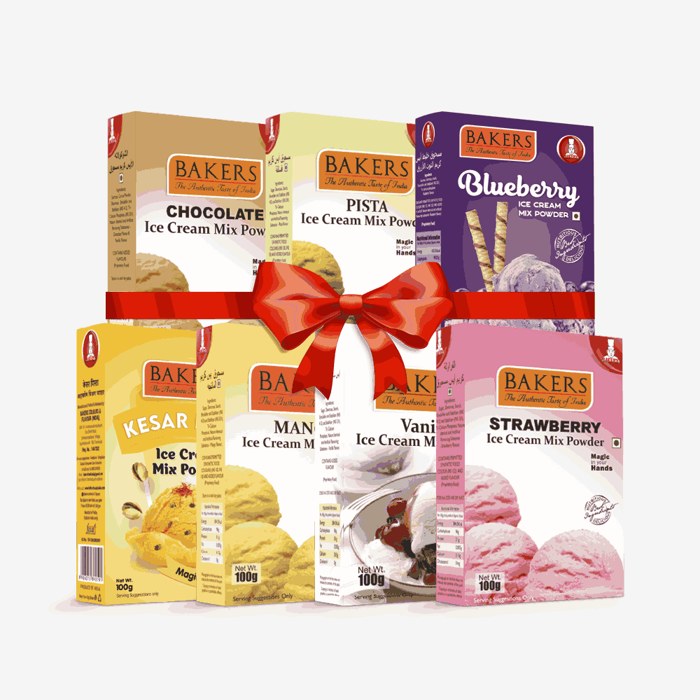 BAKERS Ice Cream Mix Powder - Blueberry + Chocolate + Kesar Pista + Pista + Strawberry + Vanilla + Mango  Pack of 7 Pluugin Store