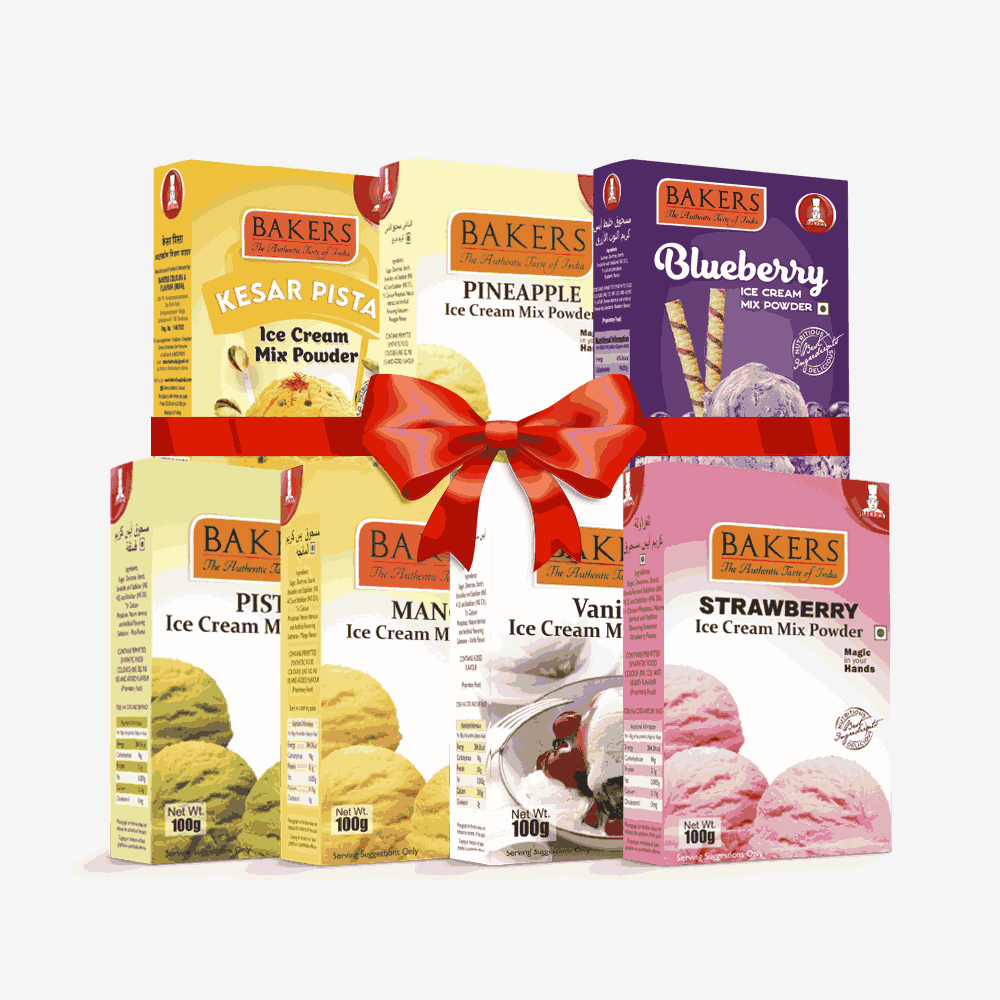 BAKERS Ice Cream Mix Powder - Blueberry + Kesar Pista + Pineapple + Pista + Strawberry + Vanilla + Mango  Pack of 7 Pluugin Store