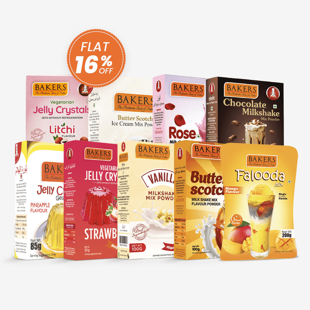 BAKERS COMBO PACK (Jelly Pineapple 85gm, Veg Jelly Strawbery, Litchi 90gm, Ice Cream Butter Scoth Mix Powder 100gm ,Chocolate,Rose Vanilla Milkshake 100gm & Falooda Mango 200gm Instant Mixes) - Pluugin Store
