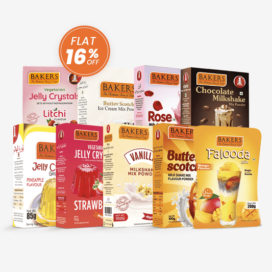 BAKERS COMBO PACK (Jelly Pineapple 85gm, Veg Jelly Strawbery, Litchi 90gm, Ice Cream Butter Scoth Mix Powder 100gm ,Chocolate,Rose Vanilla Milkshake 100gm & Falooda Mango 200gm Instant Mixes) - Pluugin Store