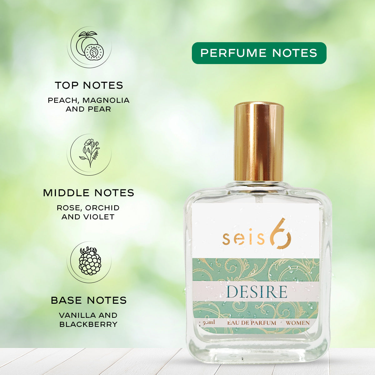 Desire by SEIS6 | Luxurious Women’s Perfume | 50ML EDP |No harsh Alcohols | Long-Lasting | Safe for All Skin Types | Floral Fruity Fragrance with Notes of Peach, Rose, Vanilla & Blackberry | Suited for Every Occasion| Perfect for Gifting Pluugin Store