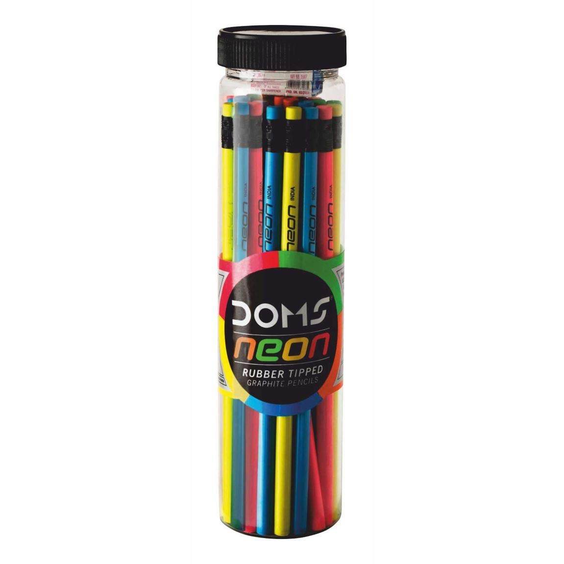 Doms Neon Rubber Tipped HB/2 Graphite Pencil Jar Pack | Confortable & Soft In Hands | Dark & Neat Handwriting | Free Sharpener, Eraser & Scale Inside | Pack of 30 Pencils - Pluugin Store