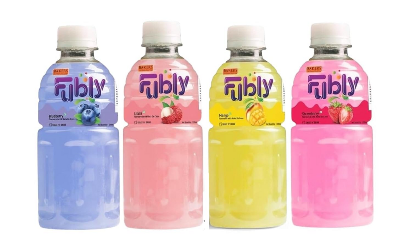 BAKERS Fubly Juice Drink with Nata de Coco Jelly 320ml X 4| Refreshing Tropical Thai-Made Sip & Chew Beverage