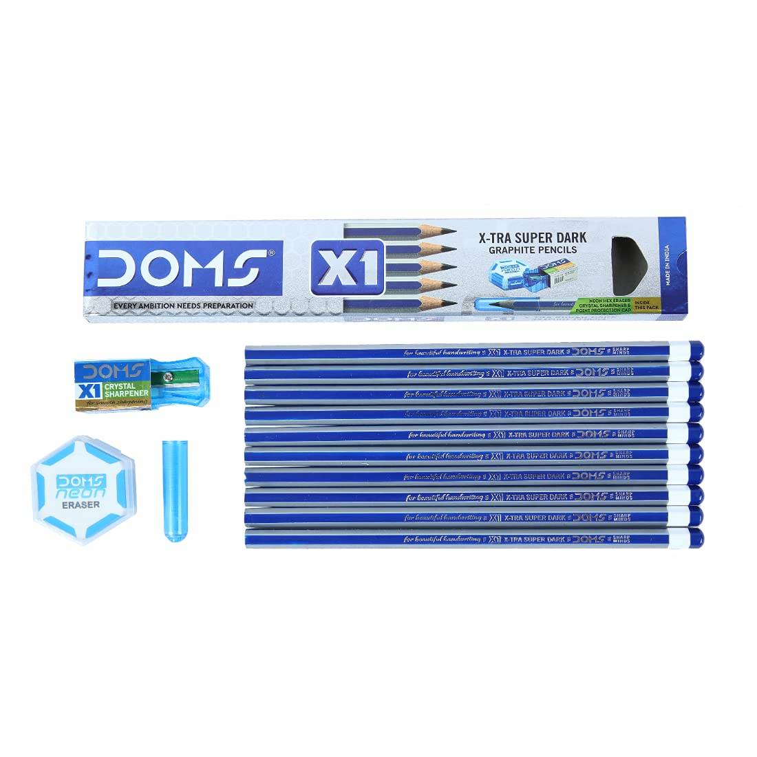 DOMS X1 Xtra Super Dark Pencils Box Pack|Hexagonal Shape For Easy Holding&Comfort|Free Eraser|Scale&Pencil Cap Inside|Dark&Neat Handwriting|Pack Of 10 Pencils|Black - Pluugin Store