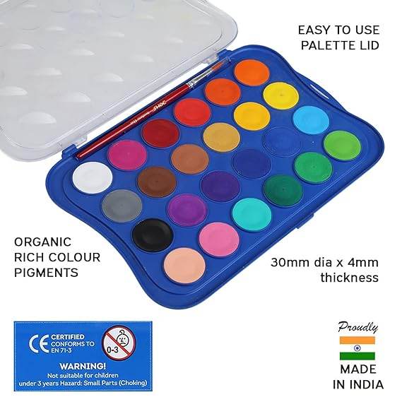 Doms 24 Shades 30mm Water Colour Cakes | Easy to Use Palette Lid | Organic Rich Colour Pigments | Free Brush Inside | Non-Toxic & Safe for Kids | Pack of 1 - Pluugin Store
