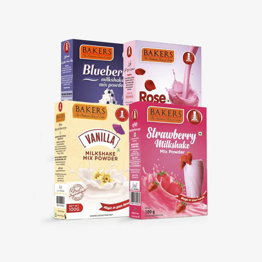 BAKERS Milk Shake Mix Pack of 4 | Rose, Vanilla, Strawberry & Blueberry Flavour | Smooth and Fruity Delight | No Sugar Needed | Instant Preparation | Combo of 4 (100 gm x 4) - Pluugin Store