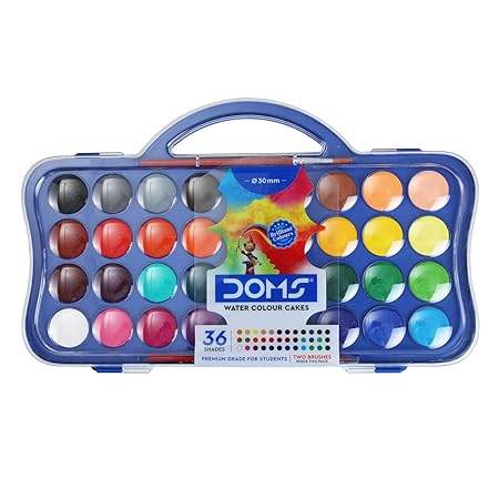 Doms 36 Shades 30mm Water Colour Cakes | Easy to Use Palette Lid | Organic Rich Colour Pigments | Free 2 x Brush Inside | Non-Toxic & Safe for Kids | Pack of 1 - Pluugin Store