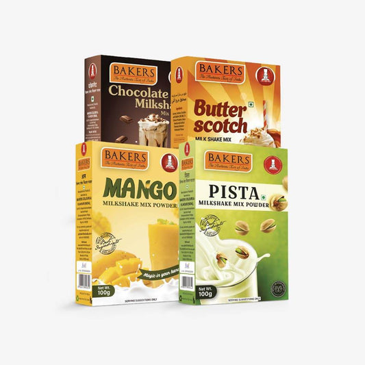 BAKERS Milk Shake Mix Pack of 4 | Chocolate, Butterscotch, Mango & Pista Flavour | Smooth as Silk | Instant Drink Mix | Smoother & Tastier | Combo of 4 (100 gm x 4) - Pluugin Store