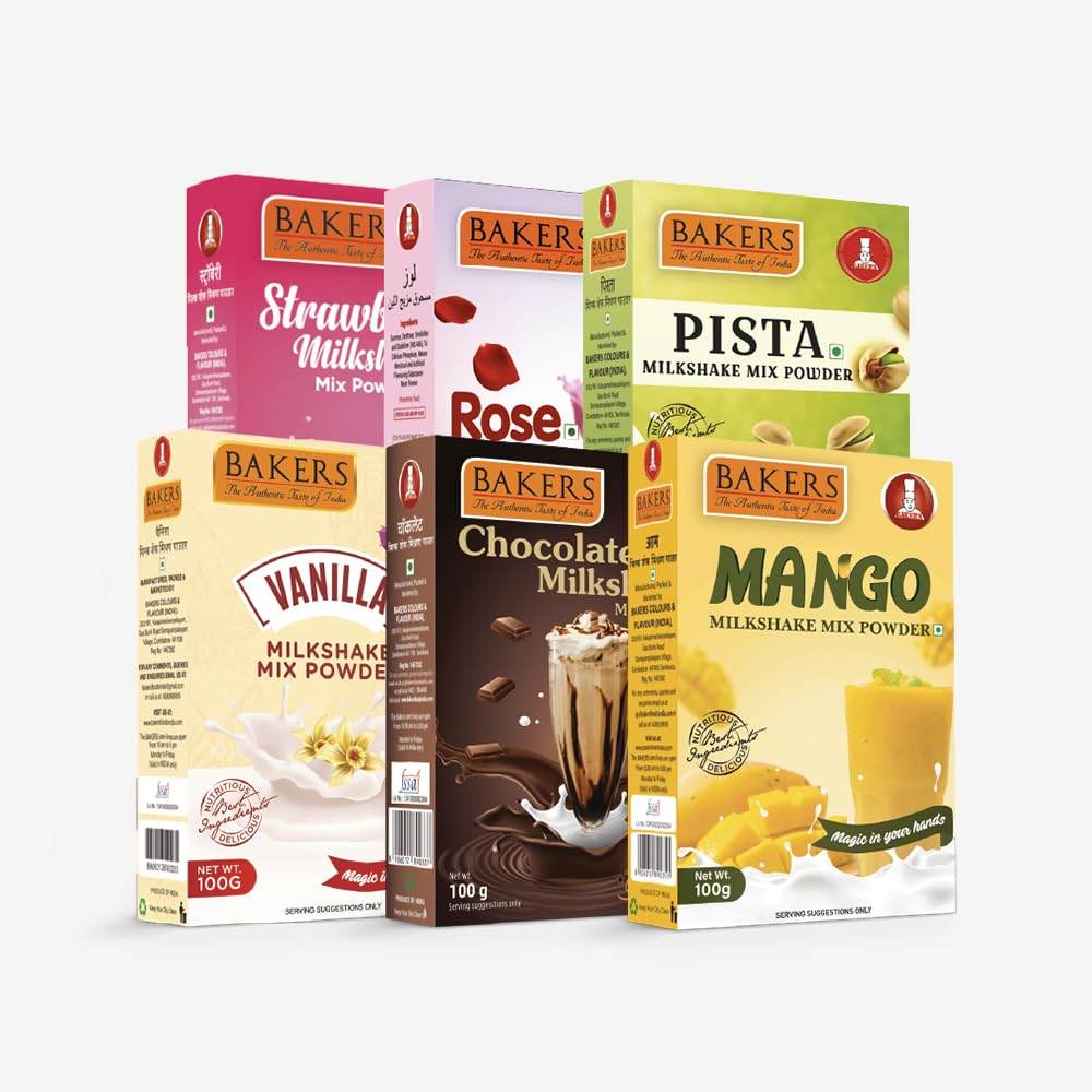 BAKERS Milk Shake Mix Pack of 6 | Butterscotch, Chocolate, Rose, Pista, Badam & Blueberry Flavour | Instant Premix | Smooth & Creamy | Easy to make | Combo of 6 (100 gm x 6) - Pluugin Store