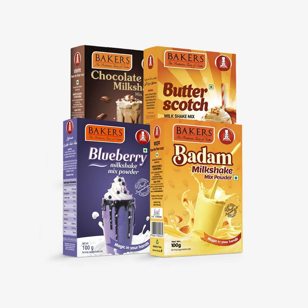 BAKERS Milk Shake Mix Pack of 4 | Blueberry, Badam, Butterscotch & Chocolate Flavour | Classic Drink | Instant Premix | Easy to Make | No Sugar Needed | Combo of 4 (100 gm x 4) - Pluugin Store