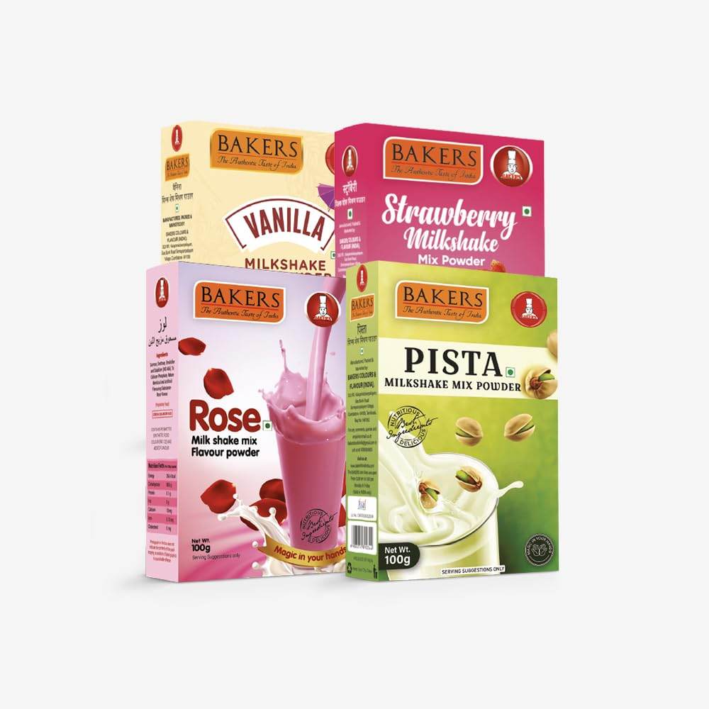BAKERS Milk Shake Mix Pack of 4 | Vanilla, Rose, Pista & Strawberry Flavour | Classic Drink | Instant Premix | Easy to Make | No Sugar Needed | Combo of 4 (100 gm x 4) - Pluugin Store