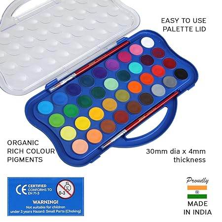 Doms 36 Shades 30mm Water Colour Cakes | Easy to Use Palette Lid | Organic Rich Colour Pigments | Free 2 x Brush Inside | Non-Toxic & Safe for Kids | Pack of 1 - Pluugin Store