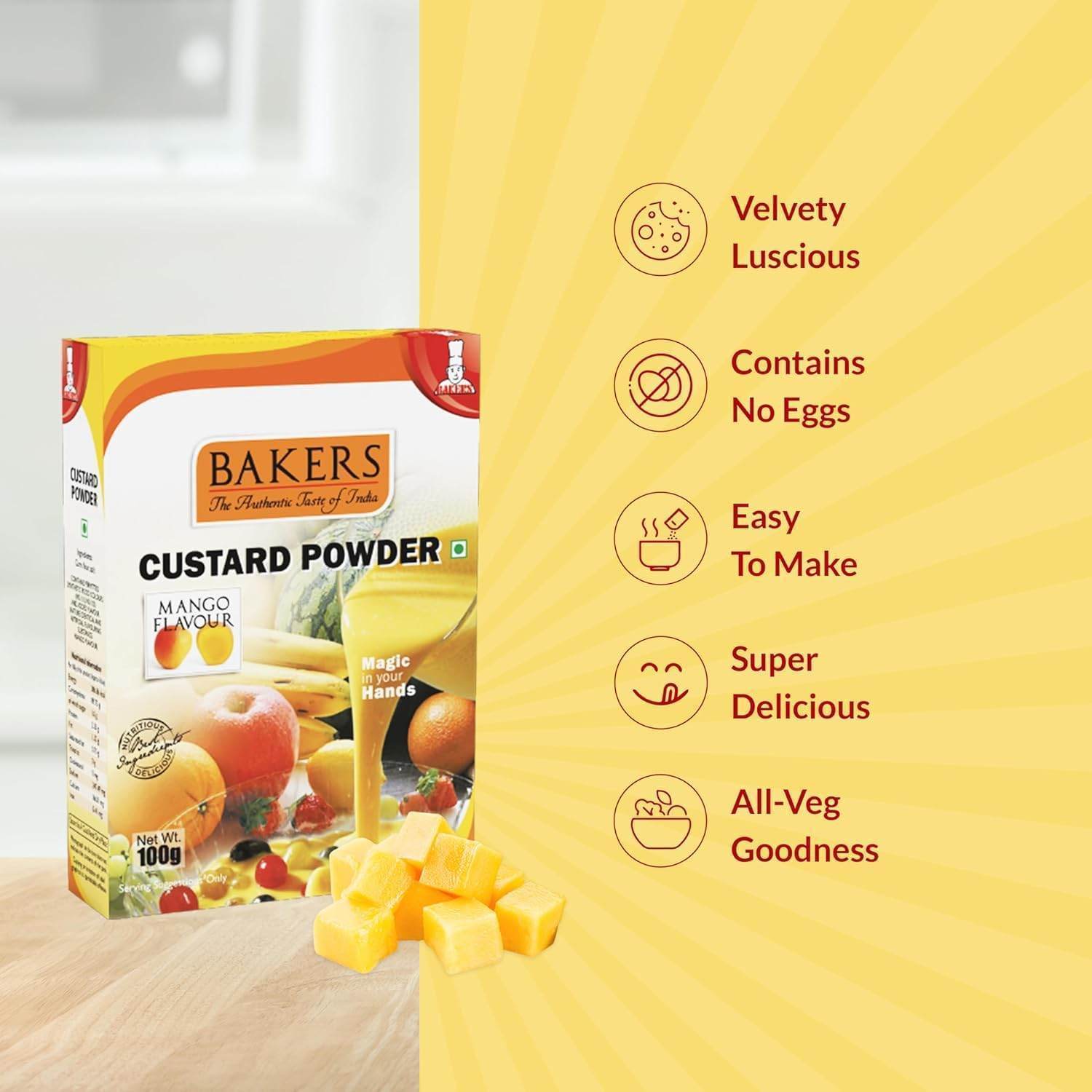 BAKERS Custard Powder Vanilla + Strawberry + Mango + Raspberry (Pack of 4) 100gm + Glucose D pack of 2 - Pluugin Store