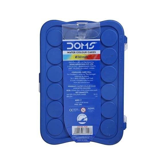 Doms 24 Shades 30mm Water Colour Cakes | Easy to Use Palette Lid | Organic Rich Colour Pigments | Free Brush Inside | Non-Toxic & Safe for Kids | Pack of 1 - Pluugin Store