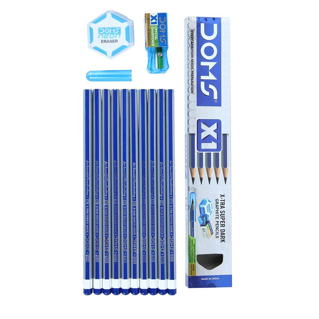 DOMS X1 Xtra Super Dark Pencils Box Pack|Hexagonal Shape For Easy Holding&Comfort|Free Eraser|Scale&Pencil Cap Inside|Dark&Neat Handwriting|Pack Of 10 Pencils|Black - Pluugin Store