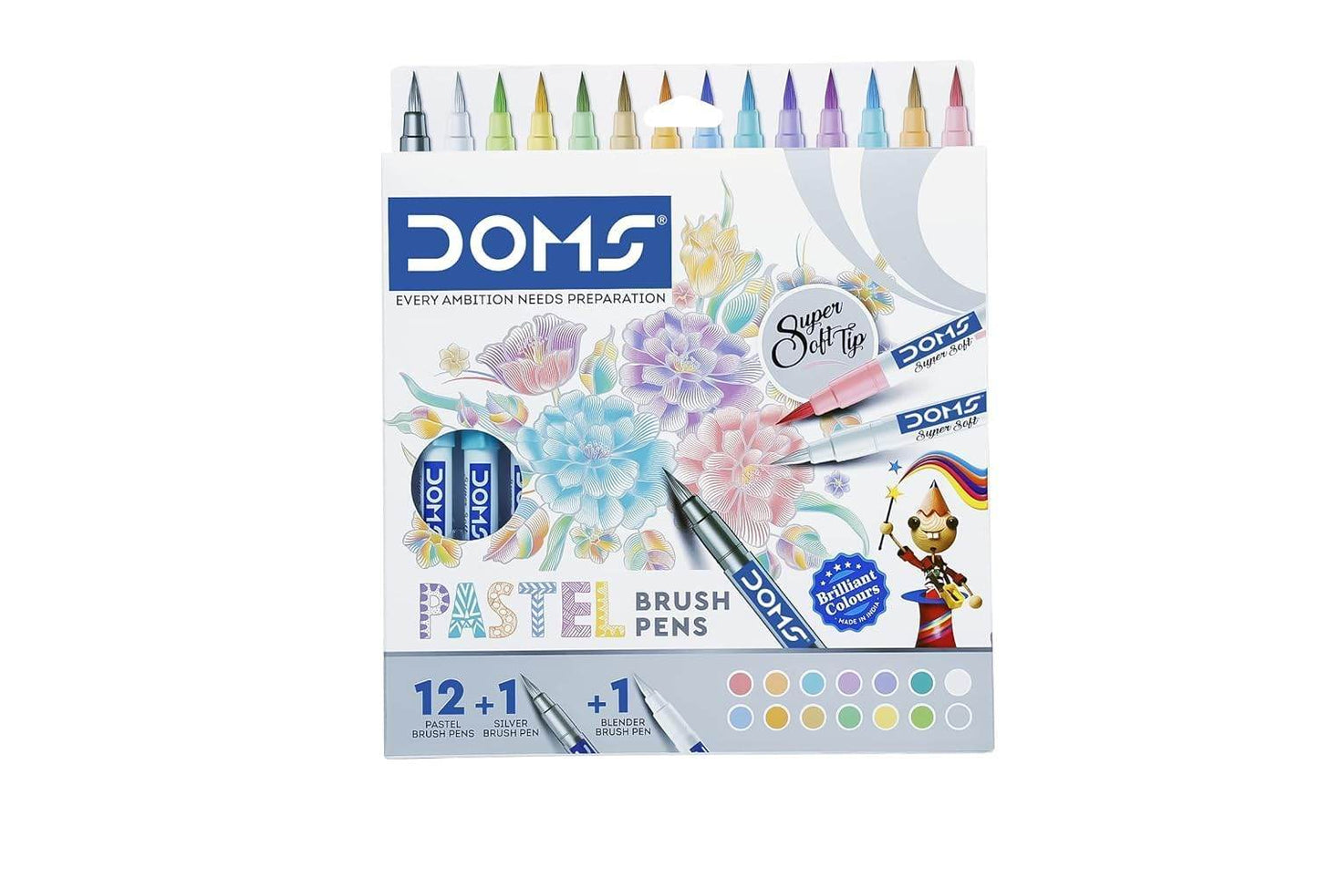 Doms Super Soft Tip Pastel Shades Brush Pen Set | 12 Pastel Shades + 1 Silver Shade + 1 Blender | Ideal for Doodling, Illustrations, Calligraphy, Artists, Studenst & Professioanls | Pack Of 1 - Pluugin Store