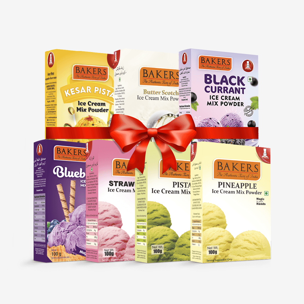 BAKERS Ice Cream Mix Powder - Black Currant + Blueberry + Butter Scotch + Kesar Pista + Pineapple + Pista + Strawberry Pack of 7 - Pluugin Store