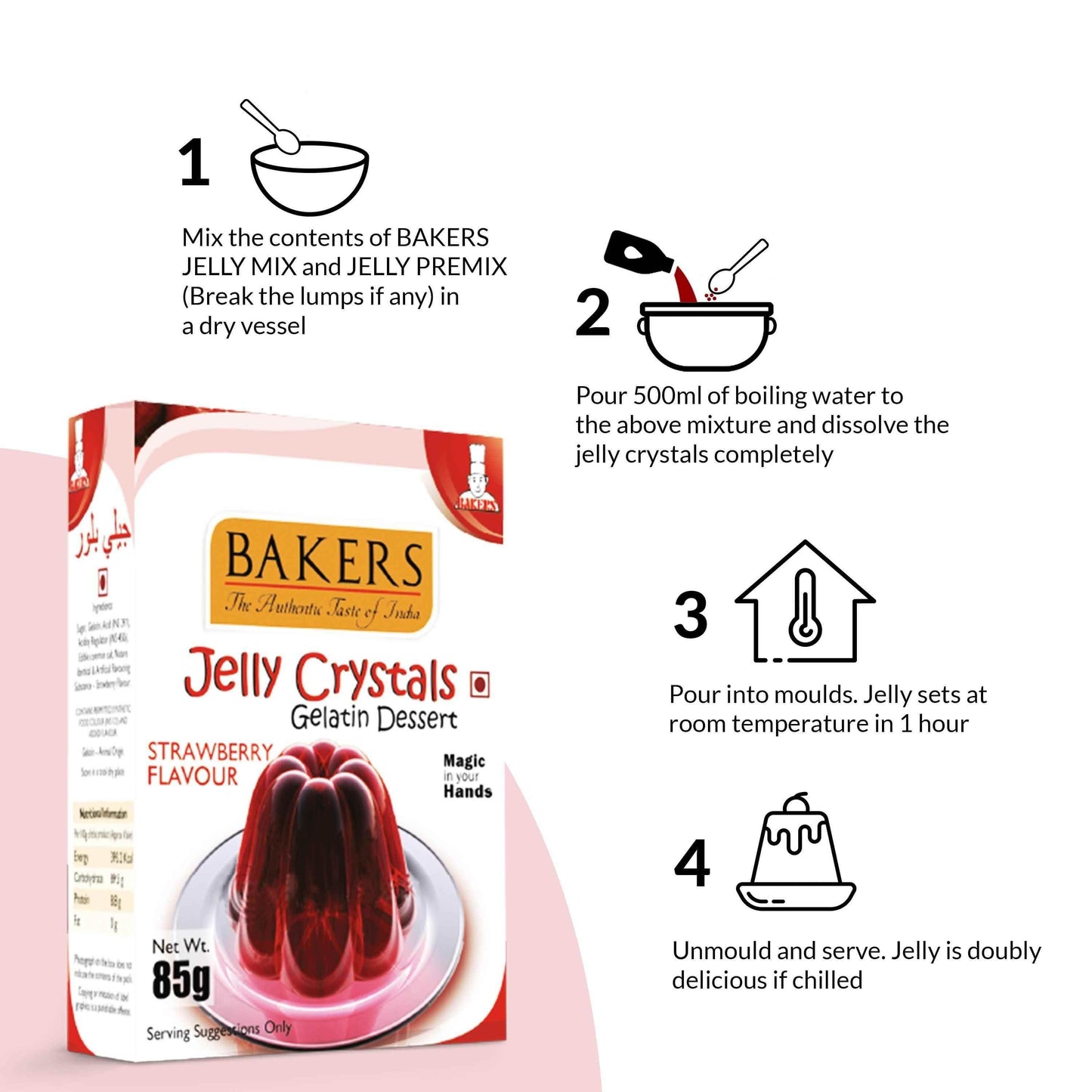 BAKERS Jelly Crystals (Gelatin Dessert) Strawberry Flavour Pack of 3 (85 gm x 3) - Pluugin Store