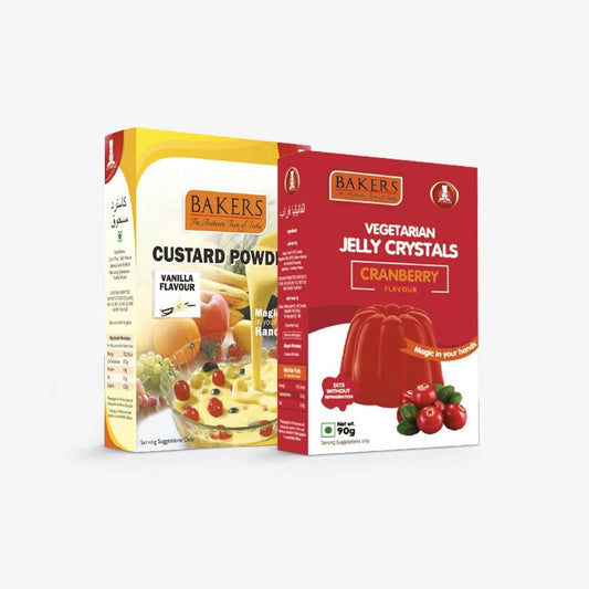 EXOTIC DESSERT COMBO 7 - BAKERS Custard Powder Vanilla Flavour 100 gm + BAKERS Jelly Crystals Cranberry Flavour 90 gm - Pluugin Store