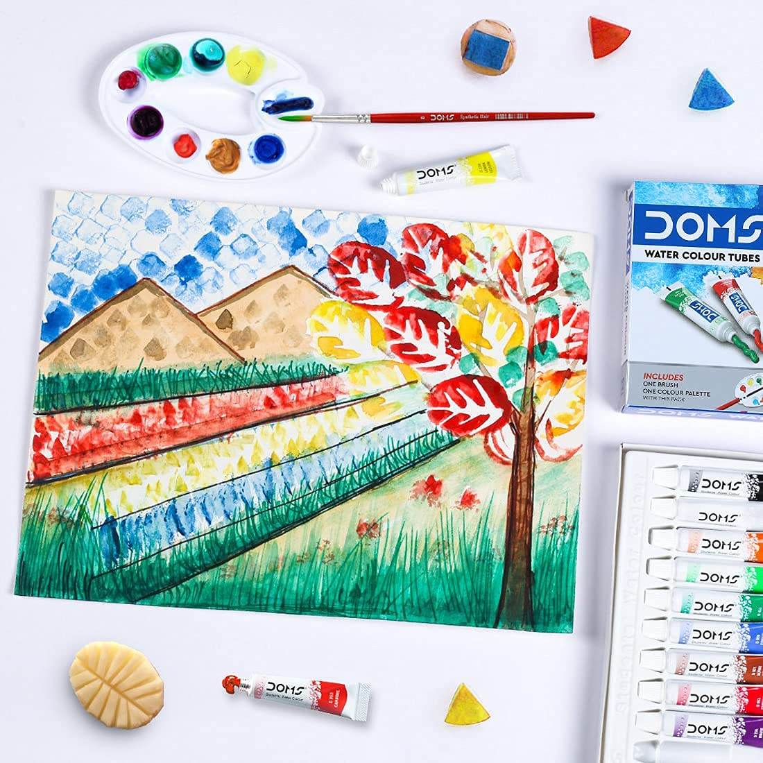 Doms Non-Toxic Water Colour Tube Set in Cardboard Box (12 Assorted Shades, 1 Paint Brush & 1 Palette) - Pluugin Store