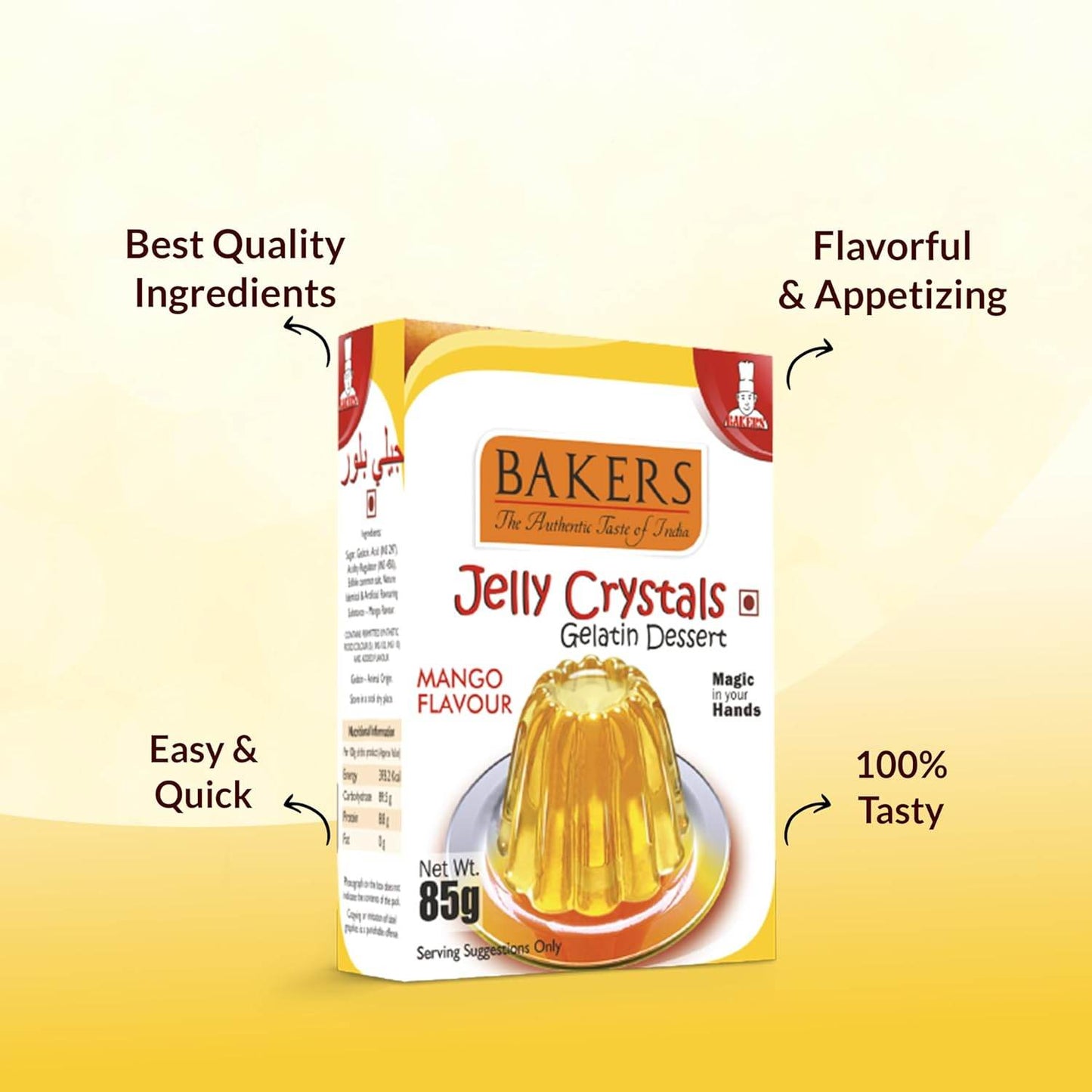 GELATIN DESSERT COMBO 4 - BAKERS Custard Powder Vanilla Flavour 100 gm + BAKERS Jelly Crystals (Gelatin Dessert) Mango Flavour 85 gm - Pluugin Store