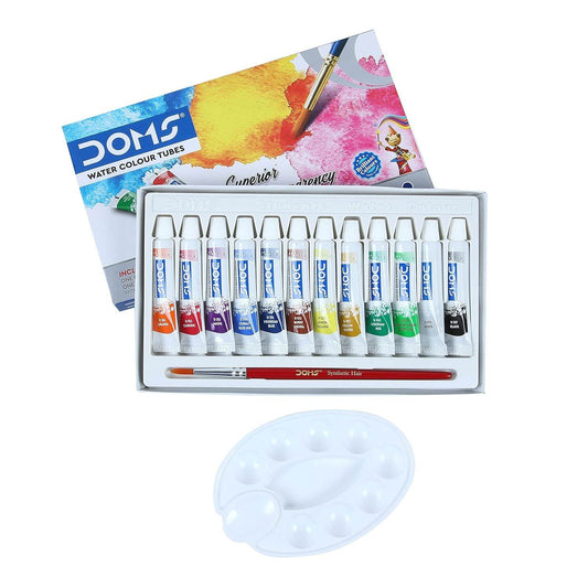 Doms Non-Toxic Water Colour Tube Set in Cardboard Box (12 Assorted Shades, 1 Paint Brush & 1 Palette) - Pluugin Store