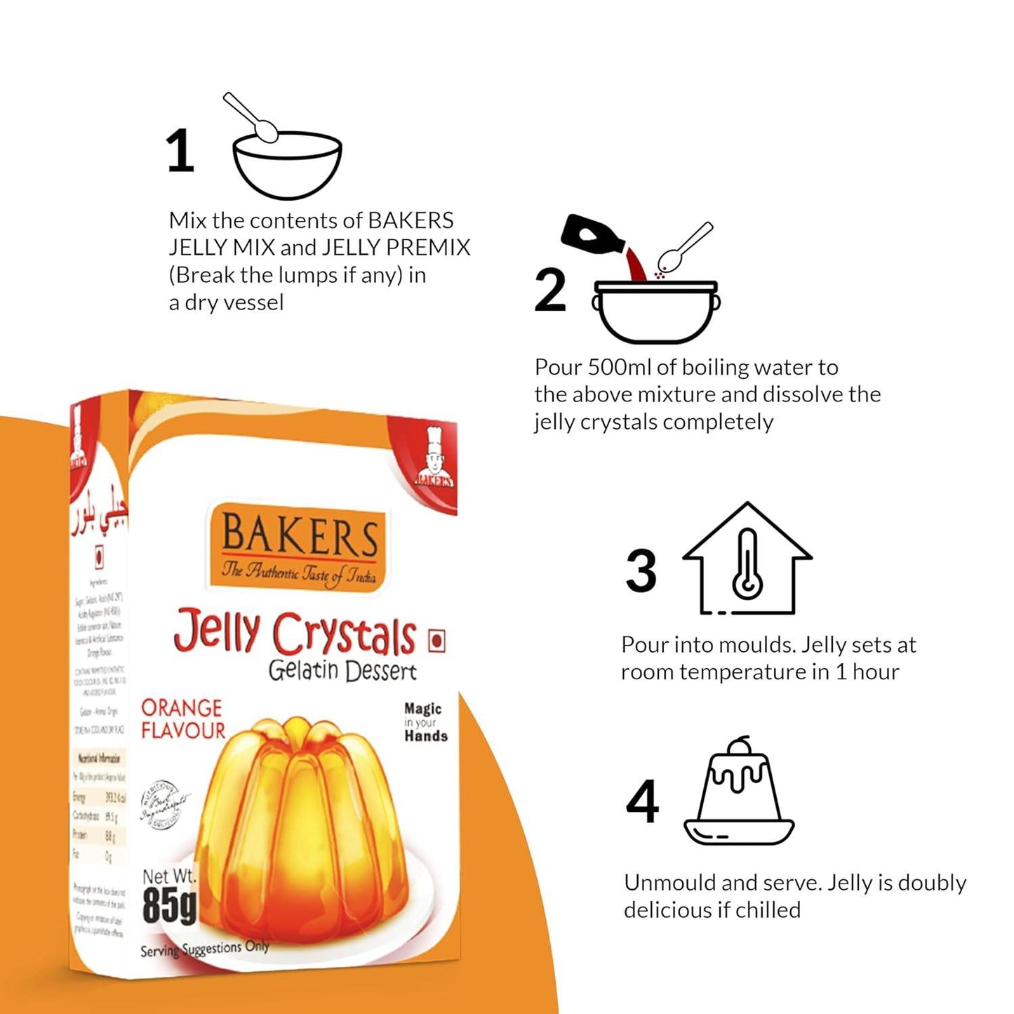 GELATIN DESSERT COMBO 5 - BAKERS Custard Powder Vanilla Flavour 100 gm + BAKERS Jelly Crystals (Gelatin Dessert) Orange Flavour 85 gm - Pluugin Store
