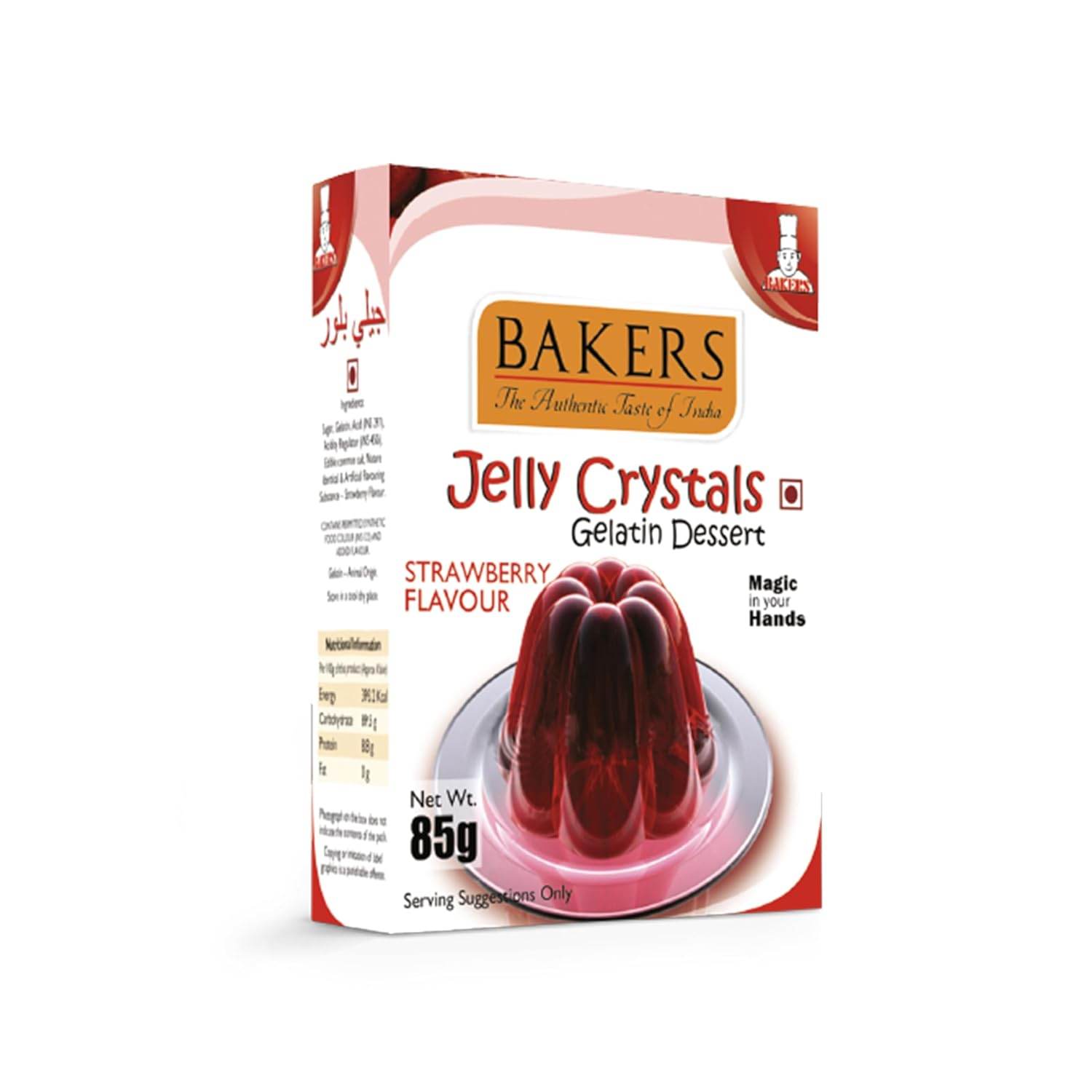 GELATIN DESSERT COMBO 1 - BAKERS Custard Powder Vanilla Flavour 100 gm + BAKERS Jelly Crystals (Gelatin Dessert) Strawberry Flavour 85 gm - Pluugin Store