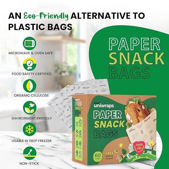 Oddy Uniwraps Multi-Purpose Paper Snack Bags with Sealing Stickers | Pack of 60 Bags, 8x5.5 Inch Each - Pluugin Store