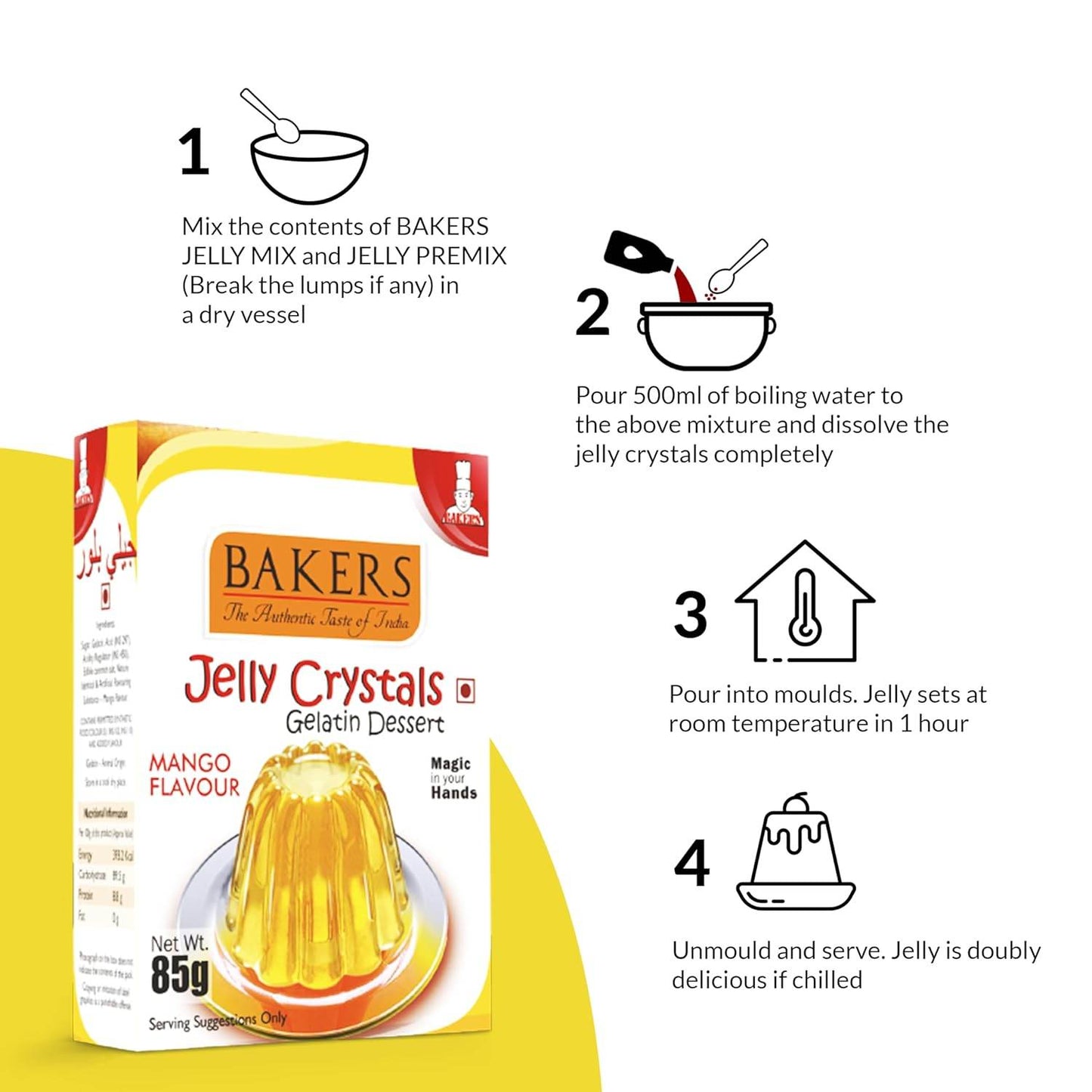 GELATIN DESSERT COMBO 4 - BAKERS Custard Powder Vanilla Flavour 100 gm + BAKERS Jelly Crystals (Gelatin Dessert) Mango Flavour 85 gm - Pluugin Store