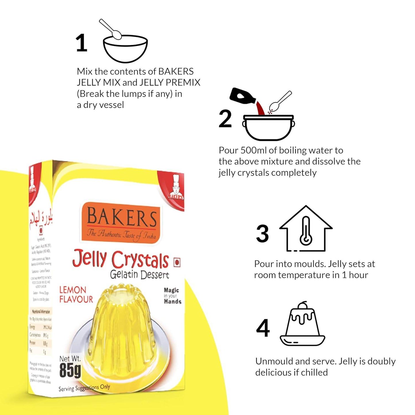 GELATIN DESSERT COMBO 6 - BAKERS Custard Powder Vanilla Flavour 100 gm + BAKERS Jelly Crystals (Gelatin Dessert) Lemon Flavour 85 gm - Pluugin Store