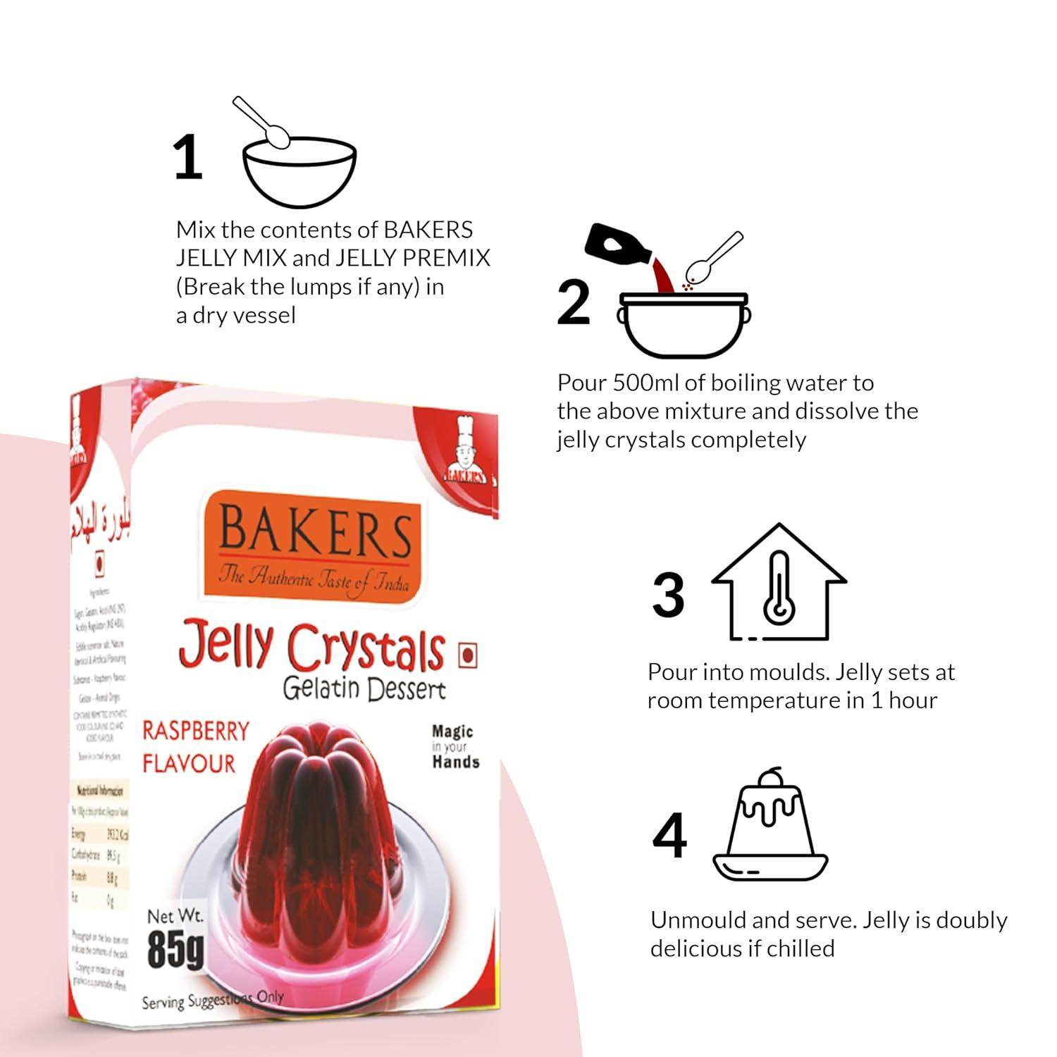 GELATIN DESSERT COMBO 3 BAKERS Custard Powder Vanilla Flavour 100 gm + BAKERS Jelly Crystals (Gelatin Dessert) Raspberry Flavour 85 gm - Pluugin Store