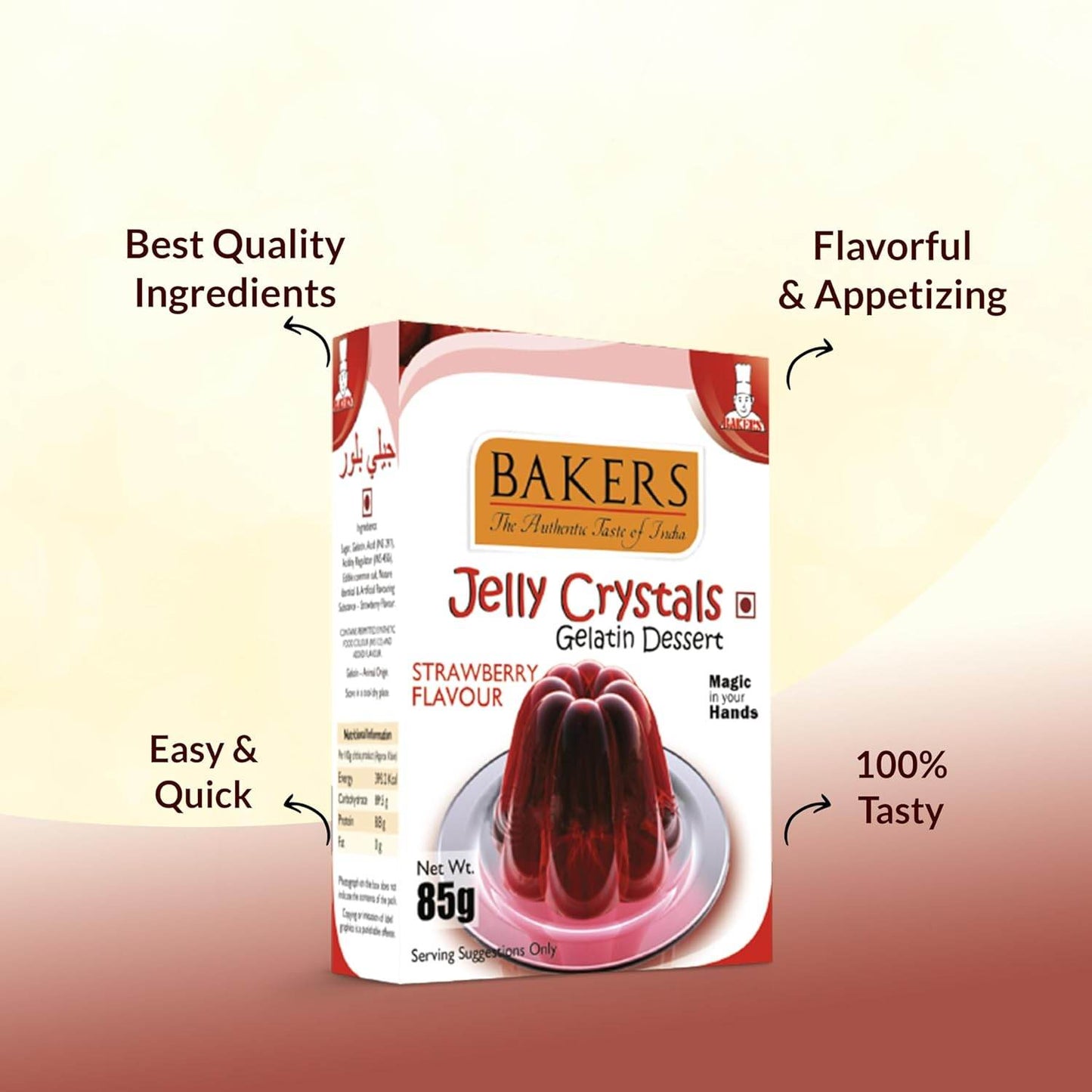 GELATIN DESSERT COMBO 1 - BAKERS Custard Powder Vanilla Flavour 100 gm + BAKERS Jelly Crystals (Gelatin Dessert) Strawberry Flavour 85 gm - Pluugin Store