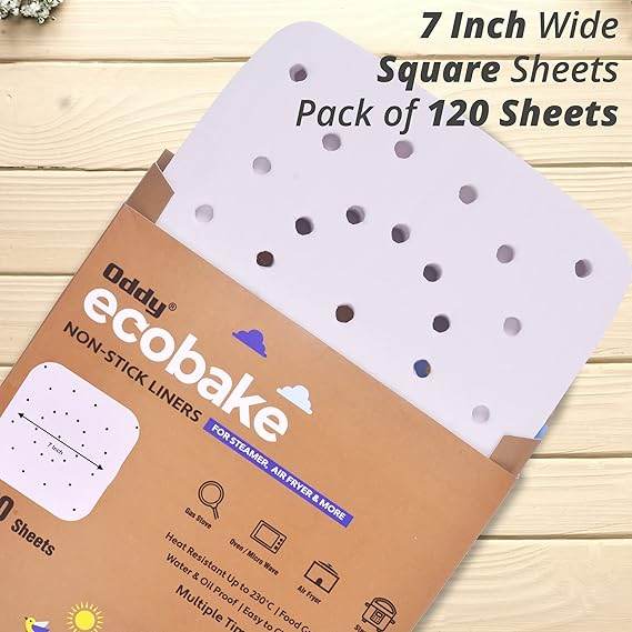 Oddy Ecobake+ Non-Stick Baking Paper for Steamer, Airfryer & More - Perforated, 7 Inch Square, 120 Pcs, White - Pluugin Store