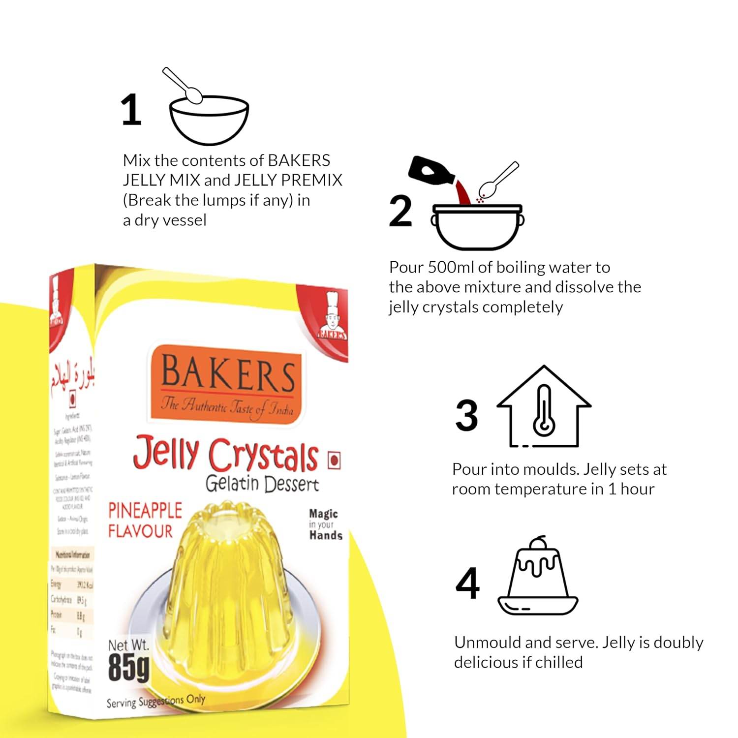 GELATIN DESSERT COMBO 2 - BAKERS Custard Powder Vanilla Flavour 100 gm + BAKERS Jelly Crystals (Gelatin Dessert) Pineapple Flavour 85 gm - Pluugin Store