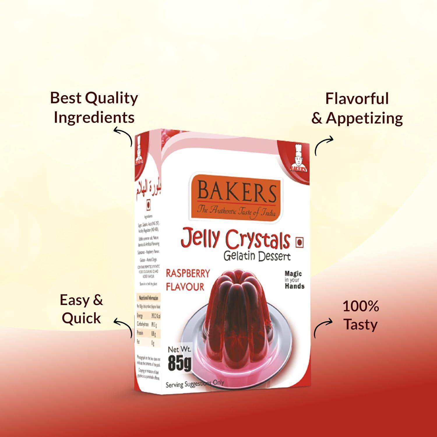 GELATIN DESSERT COMBO 3 BAKERS Custard Powder Vanilla Flavour 100 gm + BAKERS Jelly Crystals (Gelatin Dessert) Raspberry Flavour 85 gm - Pluugin Store