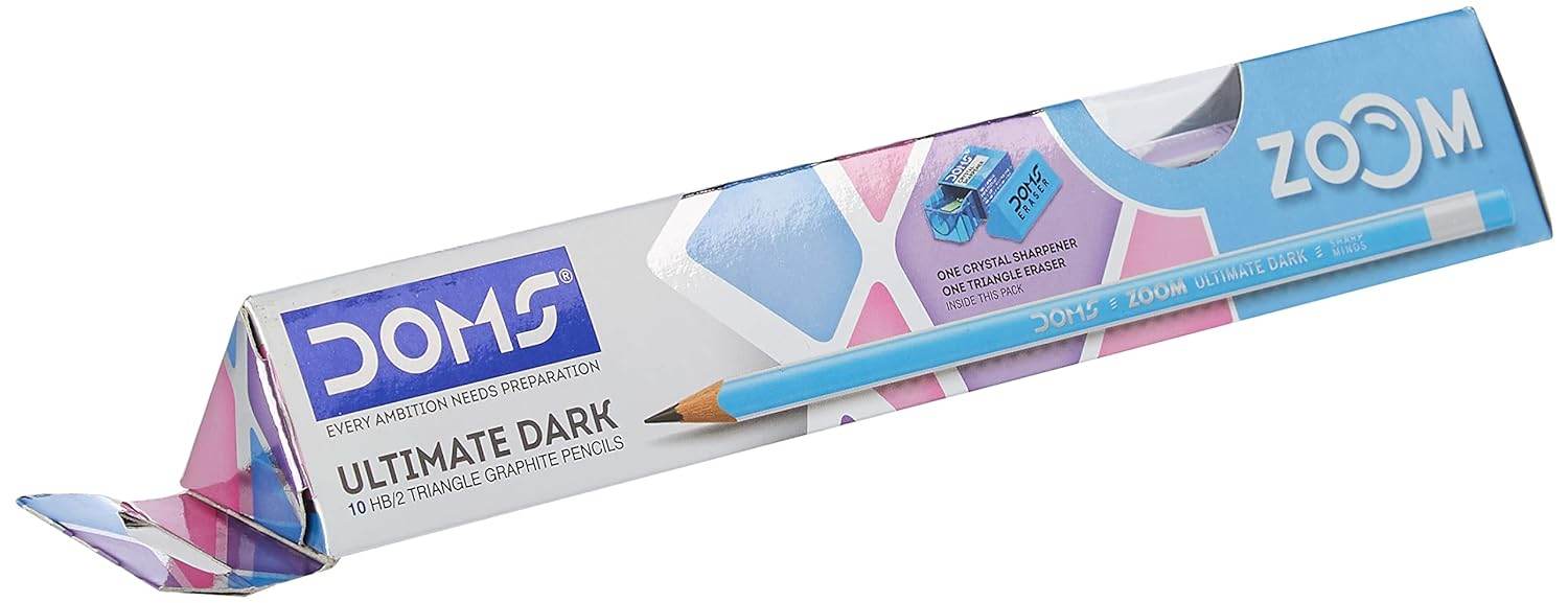 Doms Zoom Ultimate Dark Pencil Box Pack | Triangular Shape For Easy Holding & Comfort | Free Eraser & Sharpner With Each Box | Dark & Neat Handwriting | Pack Of 10 Pencils, Ink black - Pluugin Store